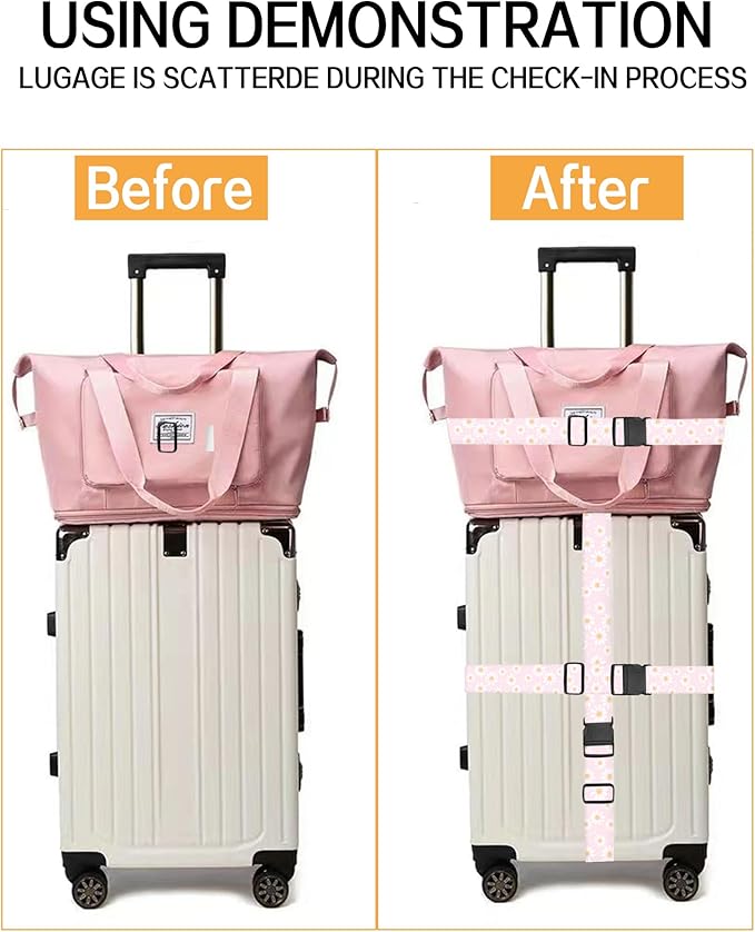 Luggage Straps for Suitcases, Adjustable Travel Belt, Durable Wide Luggage Strap, Cute Suitcase Strap Identifiers with Buckle, Bag Straps for Luggage, Cute Pink Daisy
