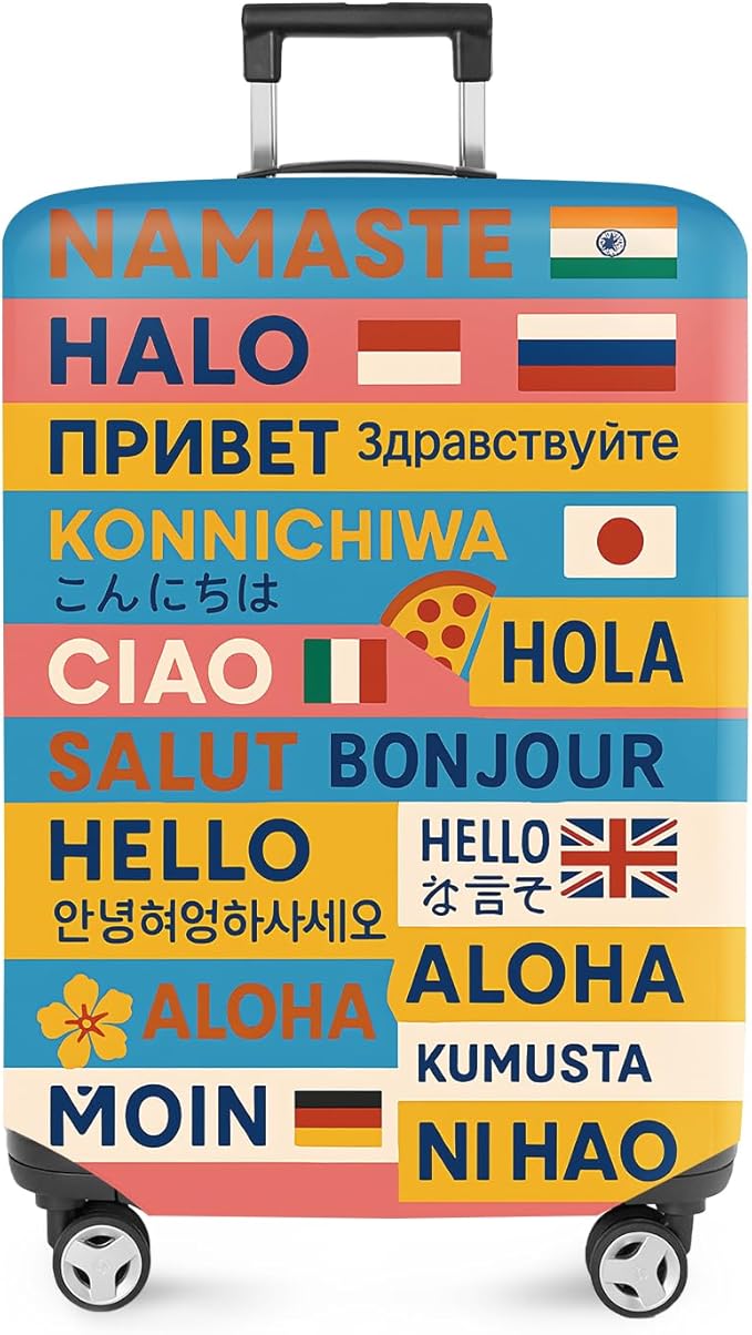 ANNA QUEEN Funny Multilingual Greetings Luggage Cover, Suitcase Protector with Hello in 15+ Languages, Stretchable, Washable Travel Cover for 28-30 Inch Luggage