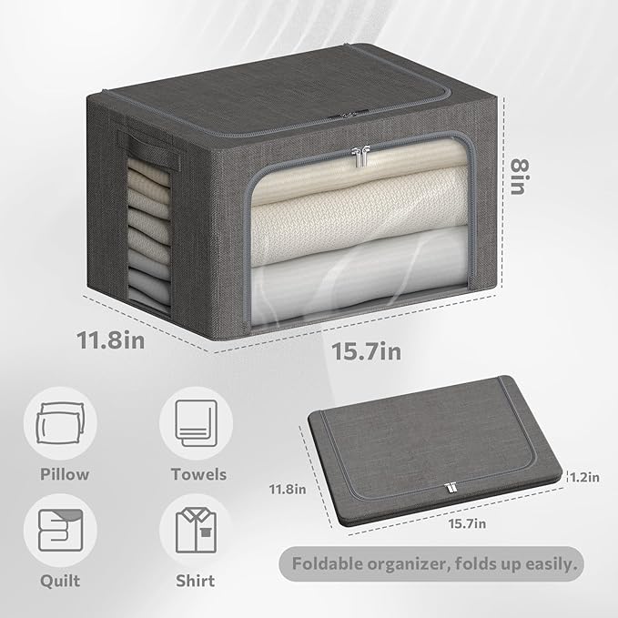 4 Pack Clothes Storage Bins with Metal Frame - Linen Fabric Foldable Stackable Container Organizer Set with Clear Window & Carry Handles & Zippers (Dark Gray, 15.7"x11.8"x7.8")