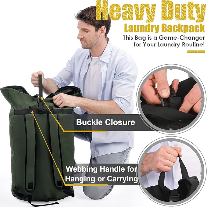 Laundry Bags Extra Large Heavy Duty, 115L Laundry Backpack, Sturdy Laundry Bag with Shoulder Straps, Army Green Laundry Bag for College, Top Loading Duffle Bag for Camp, Travel, Dorm, Apartment