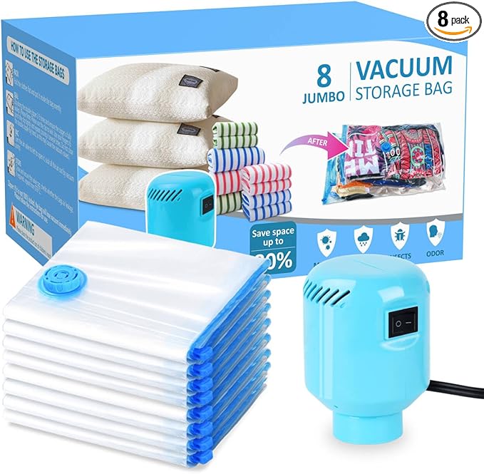 Vacuum Storage Bags for Blankets and Comforters 8 Jumbo Vacuum Seal Bags for Clothing Blankets Bedding with Electric Pump Compression Bag for Travel Luggage Jumbo Space Saver Storage Bag