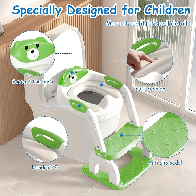 Potty Training Seat for Toddlers - Upgrade 2-in-1 Toilet Seat Toilet Ladder for Kids Children Boys Girls, Anti-Slip Pad & Adjustable Height with Waterproof PVC Cushion - Green