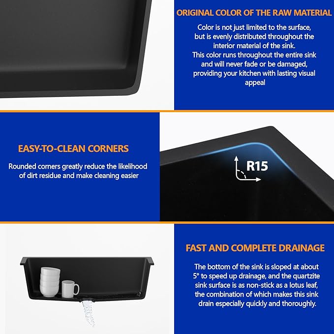 Dcolora 33 Inch Granite Composite Kitchen Sink, Black Undermount Kitchen Sinks Deep Single Bowl, 33"x19", Round Corner, DC-GU7749