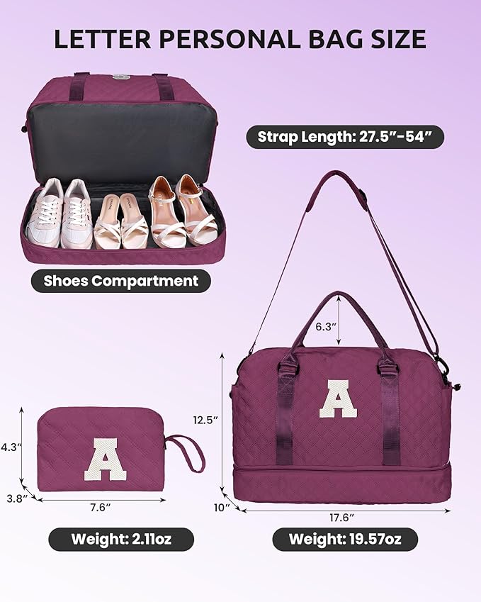 Birthday Gifts for 4 5 6 7 8 9 10 11 12 13 Year Old Girls-Initial Travel Bag with Shoe Compartment, Weekender Bag, Overnight Bag for Women, Letter Travel Bag with Makeup Bag (Letter W)