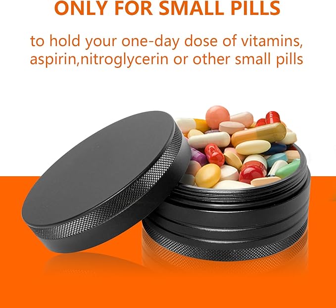 Small Pill Case - Portable Waterproof Small Pill Box for Daily Medicine - Versatile Storage for Travel, Camping, Hiking - Aluminium Alloy Round Container (Black)