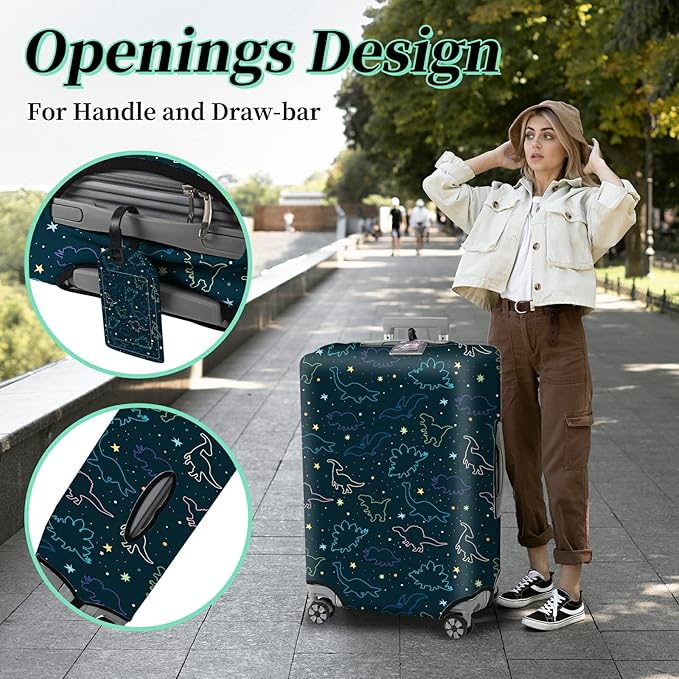 Luggage Cover Suitcase Protector Plus 1 Tag, Dinosaurs Space Travel Suitcase Cover for 18-20 inch Luggage (S) with Concealed Zipper Washable Elastic Cloth Dustproof Anti-Scratch