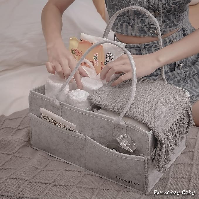 Runsabay. Nursery Basket-Baby Diaper Caddy Organizer for Changing Table-Portable Holder Tote Bag-Car Organizer with Removable Divider-Best Shower Gift Basket for Newborns Registry- Grey & Large Size