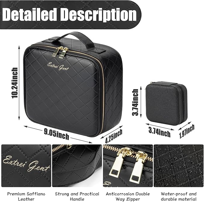 Makeup Travel Train Case with Mirror LED Light 3 Adjustable Brightness Cosmetic Bag Portable Storage Adjustable Partition Waterproof Makeup Brushes Makeup Jewelry Gift for Women