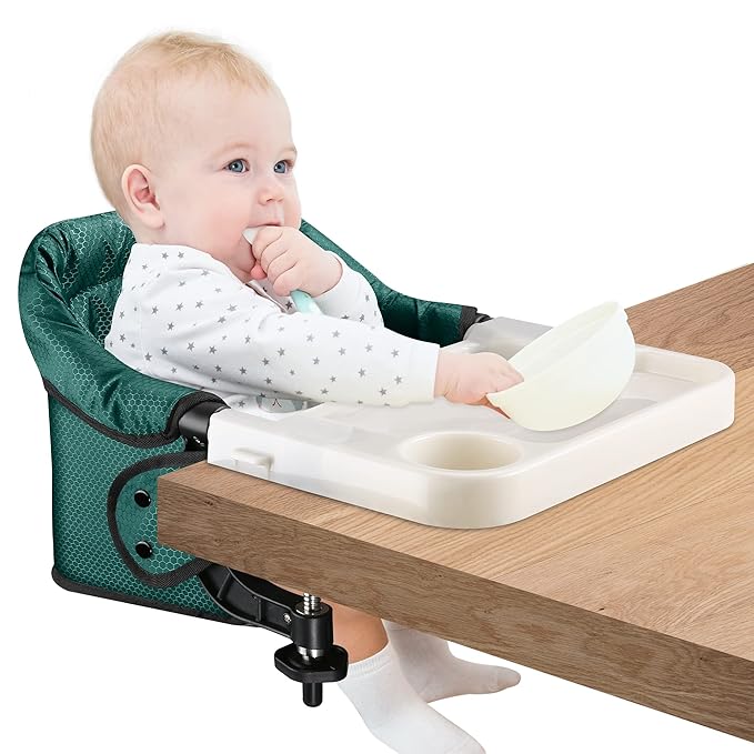 Hook On Chair with Removable Dining Tray, Portable Table High Chair, Folding Compact Baby Seat with Storage Bag for Indoor/Outdoor,Dark Green