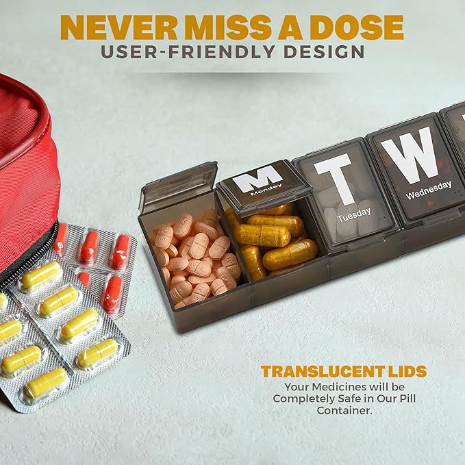 Weekly Pill Organizer - (Pack of 2) Extra Large Vitamin Container with Jumbo Easy to Read Letters, BPA Free - Daily Travel 7 Day Medication Pill Box Case, (Black)