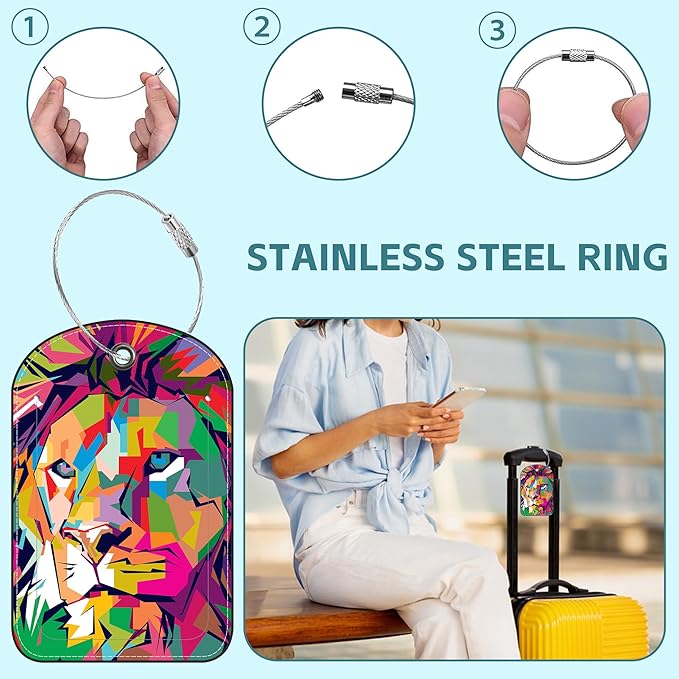 Colored Lion Head Luggage Tag for Suitcase Set of 2 PU Leather Cute Luggage Tags with Stainless Metal Loop ID Label Privacy Flap Suitcase Tags for Women and Men Travel