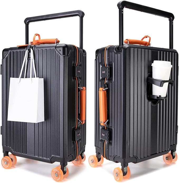 feilario 24in Aluminum Frame Wide Handle Hard Shell Carry On Suitcase - Vivid Colors Double Spinner Wheels Airline Approved Rolling Luggage with TSA Lock & Cup Holder (Silver, 24in)