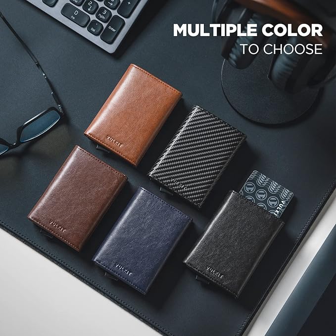 VULKIT Pop up Card Wallet Minimalist Cash Wallets RFID Blocking Leather Smart Credit Card Holder with ID window for Men(Navy)