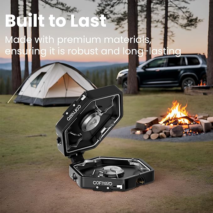 Propane 2 Burner Camping Stove with Carrying Bag, Portable Folding Gas Stove for Camping, Backpacking Camp Stove for Outdoor Cooking, With 17,000 BTU Adjustable Burners for BBQ, Tailgating Black