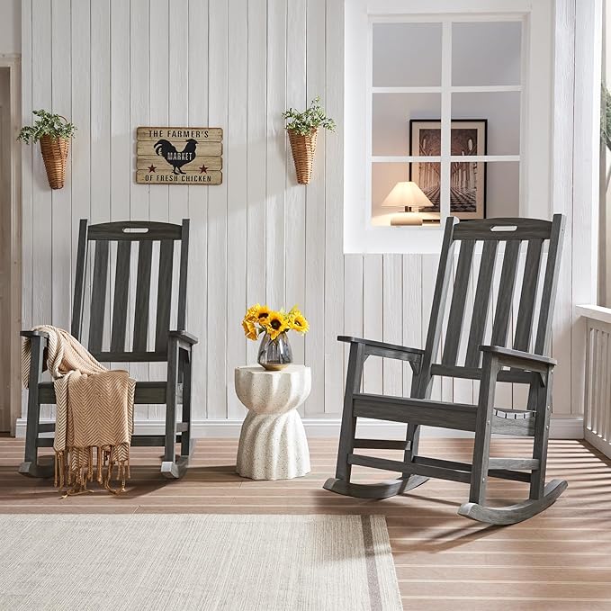 Psilvam Outdoor Rocking Chair, Poly Lumber Oversized Rocking Chair with 21" Wide Seat and 32" Tall Backrest, Pre-Assembled with Most Components for Effortless Installation(Dark Gray)