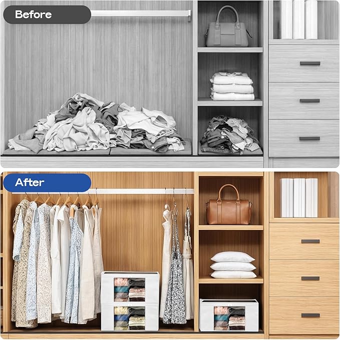Clothes Storage Bags, Foldable Thick Fabric Blanket Storage Bags, Large Clear Window & Carry Handles, Great for Clothes, Blankets, Closets, Pillows, Toys (White, 4PACK)