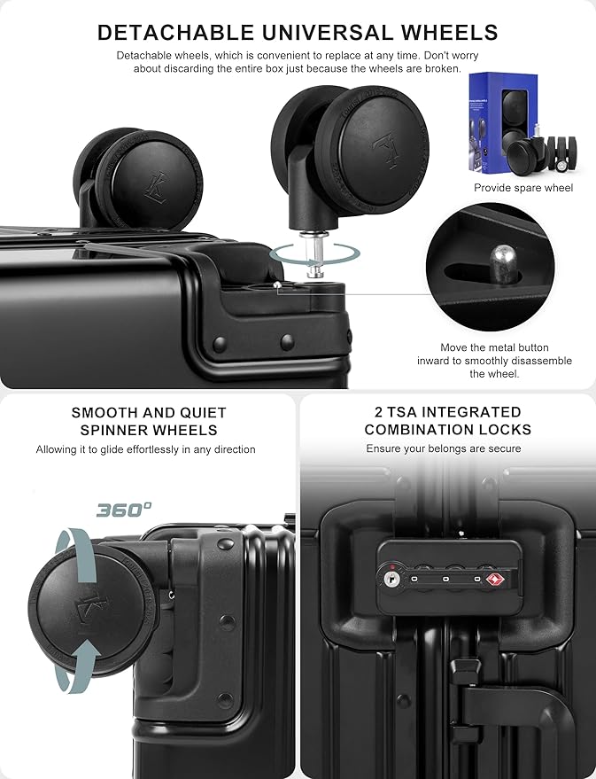 All Aluminum Magnesium Carry On Luggage，Cut from Whole Aluminum Sheet，22x14x9 Airline Approved ，（3rd Generation，Premium Magnesium Metal zipperless suitcase ） (black, 26inch)