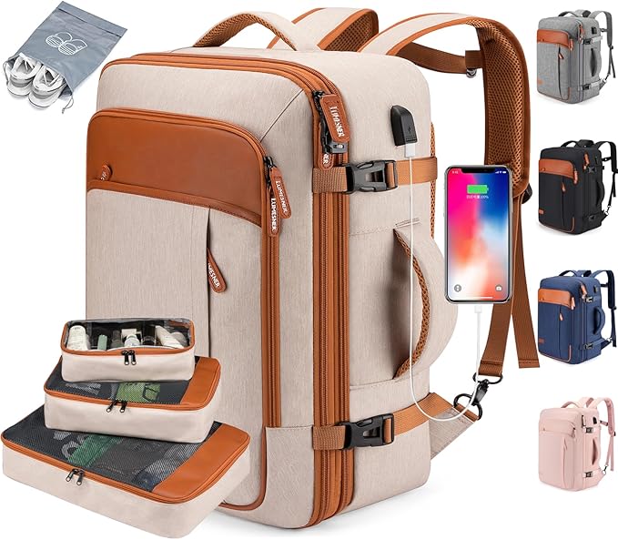 Travel Laptop Backpack,42L Carry on Luggage, Flight Approved Expandable Backpack,Business Anti Theft Weekender Bags for Women Men, Water Resistant Expandable Backpacks With 4 Packing Cubes