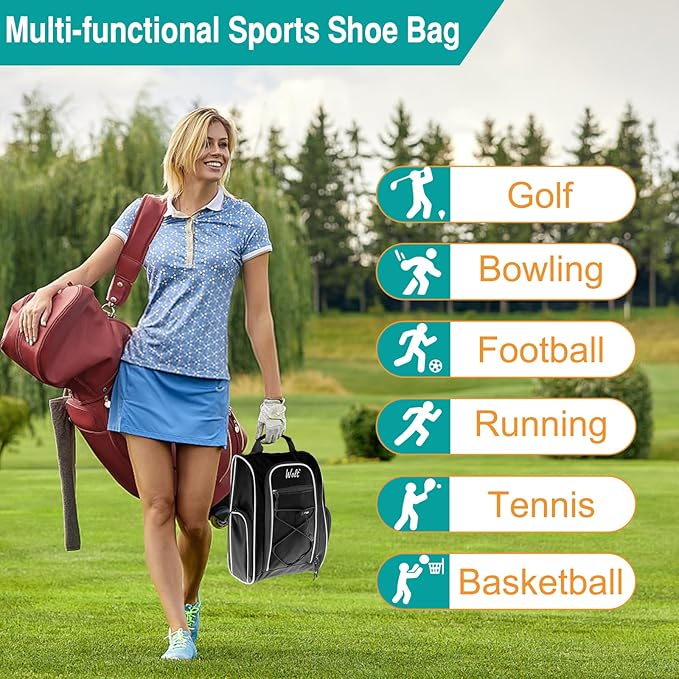 Wolt 2 Pcs Golf Shoe Bag for Travel- Zippered Shoes Carrier Bags with Ventilation & Double Outside Accessory Pocket for Socks, Tees, Golf Balls, etc. for women and men (Black+Pink)