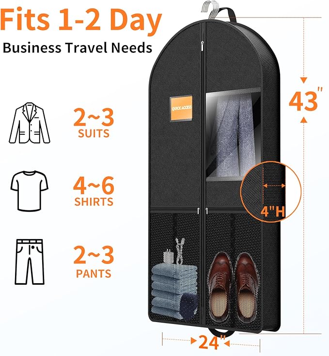 Suit Garment Clothes Travel Bag: 43 inch Lightweight Foldable Black Short Fabric Breathable - Hanging Storage Cover Pockets Zipper for Men - Wardrobe Carry Coat Jacket Uniform Tuxedo Shirt