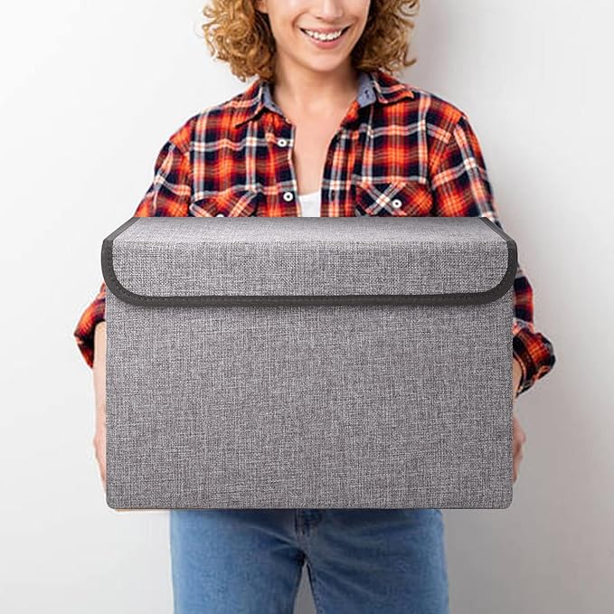 Large 17" 42 Quarts Collapsible Stackable Storage Bins with Lids [3-Pack] Foldable Fabric Linen Storage Boxes Cube, Closet Organizer Baskets with Label for Home (16.7 x 12 x 12, Gray)