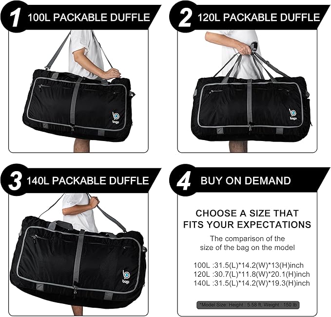 Bago Large Foldable Duffel Bags for Traveling Women & Men - 100L Packable Duffle Bag for Travel with Shoe Compartment - Water Repellant, Heavy Duty, Lightweight Folding & Collapsible (SnowBlack)