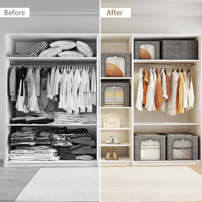 GoMaihe Clothes Storage Bins Metal Frame: 6-Pack Compact Stackable Closet Storage Bin with Lid & Clear Window, Space Saving Organizer for Sweaters Kids Clothing (Dorm/Closet 27L)
