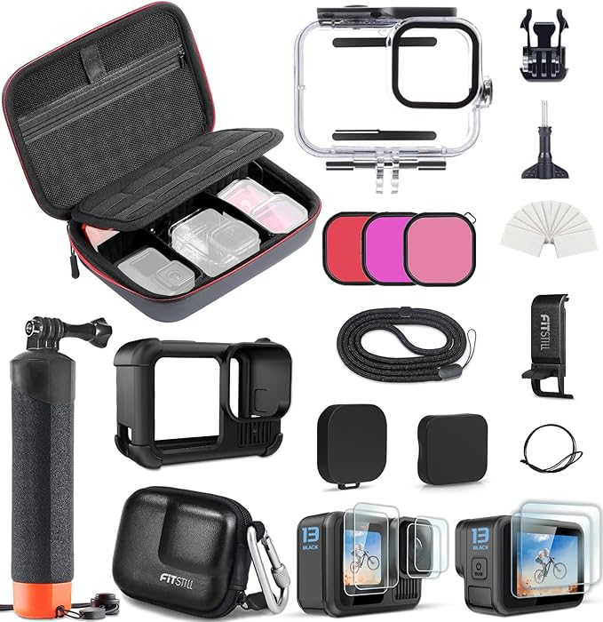 FitStill Carrying Protective Case Include 60M/196FT Underwater Waterproof Shell&Dive Filters&Silicone Case&Screen Protector&Monopod Floating Hand Grip Dive Only fit Go Pro Hero 13 Black Accessory Kit