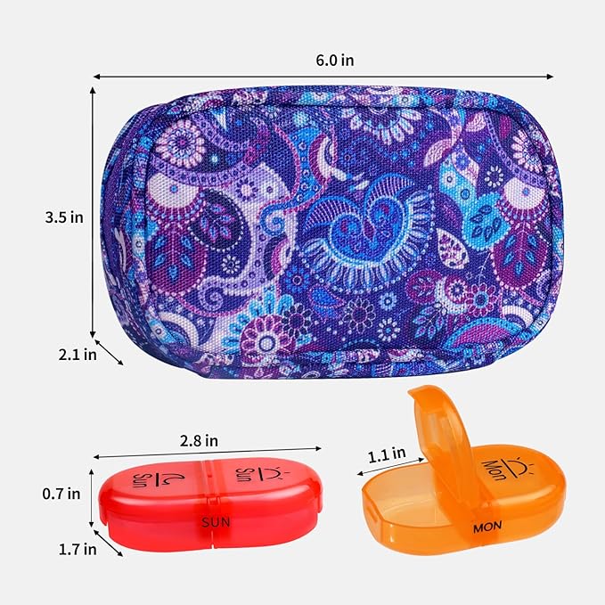 Serfeymi Weekly Travel Pill Organizer 2 Times A Day AM PM Upgraded Rainbow Pill Box 7 Day with Portable Zipper Canvas Pill Case, Medicine Organizer for Pills, Vitamins, Fish Oils - Purple 01