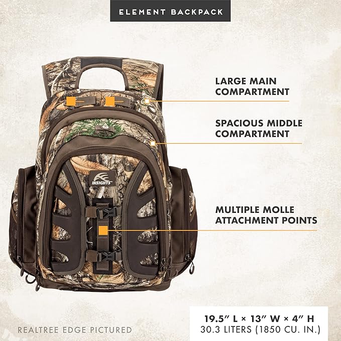Insights Hunting by frogg toggs - The Element, Heavy Duty 1,831 Cubic Inch Hiking Fishing Camping Hunting Backpack, Mossy Oak DNA