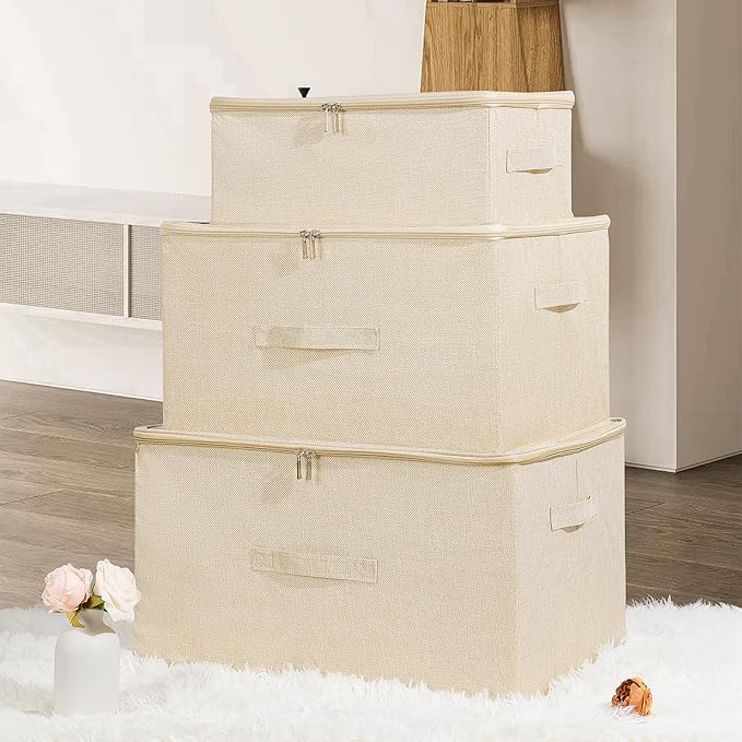 ANMINY 2PCS Storage Bins with Zipper Lids 51.9 Qt Lidded Fabric Storage Boxes Baskets Cubes with Handles Collapsible Washable Cotton Linen Closet Shelf Clothes Organizer - Beige, Extra Large