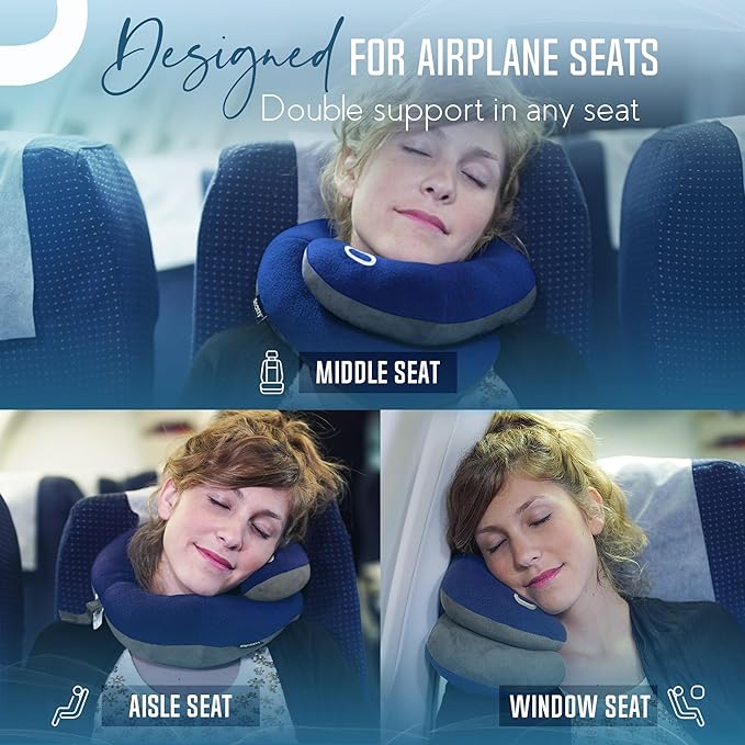 BCOZZY Travel Neck Pillow for Airplane– Patented Double Support for Head, Neck, and Chin. Best for Long Flights, Plane Sleeping, and Car Rides. Adjustable Size. Washable. Carry Bag. Large, Purple
