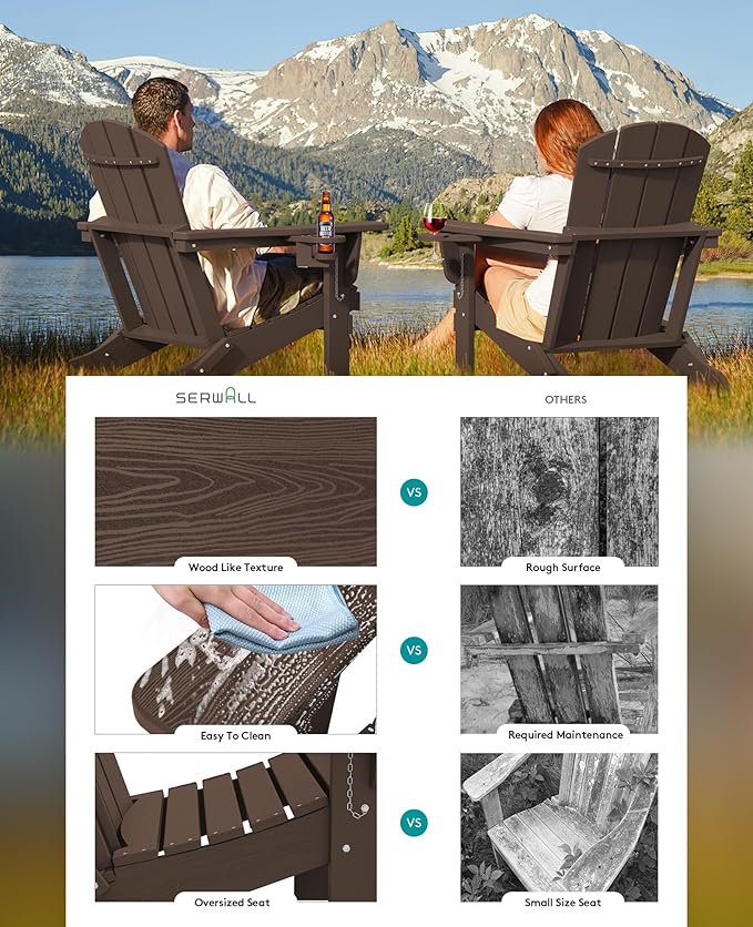 SERWALL Adirondack Chair with Cup Holders - Composite Adirondack Chairs Set of 2 HDPE Outdoor Chairs All Weather Use- Coffee
