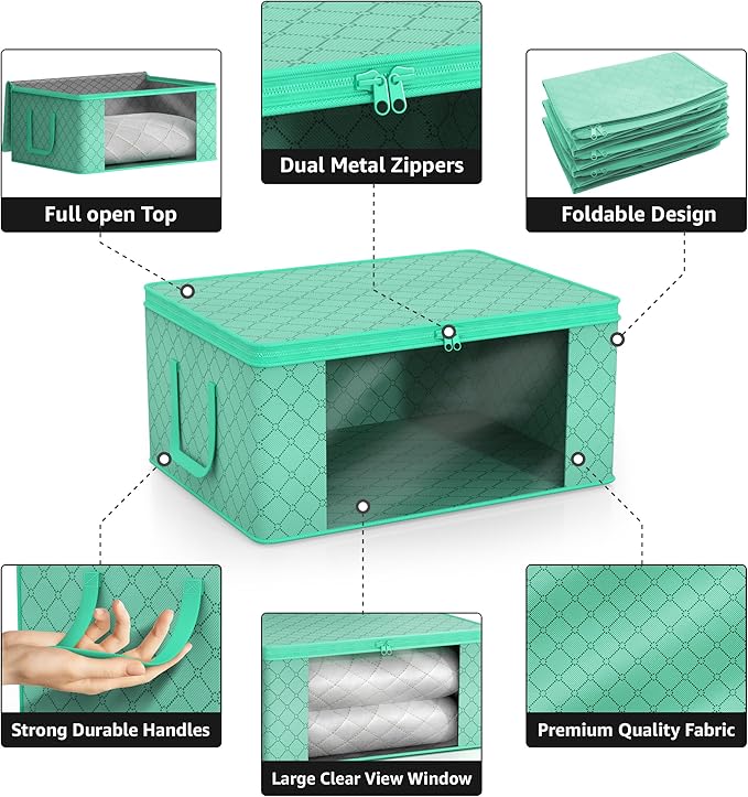 Sorbus Foldable Storage Bag Organizers, Large Clear Window & Carry Handles, Great for Clothes, Blankets, Closets, Bedrooms, and more (3-Pack, Teal)