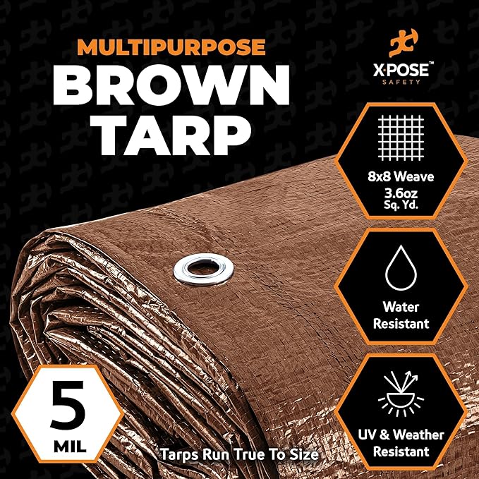 Multipurpose Protective Cover Brown Poly Tarp 5' x 7' (2-Pack) - Durable, Water Resistant, Weather Resistant - 5 Mil Thick Polyethylene - by Xpose Safety