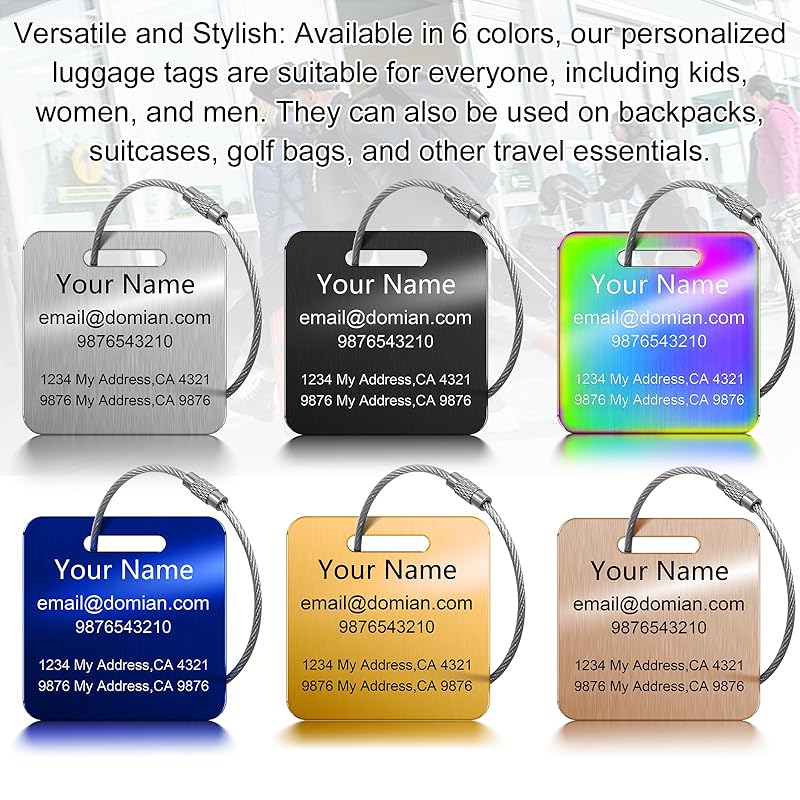 Stainless Steel Personalized Luggage Tags for Suitcases - Custom Name ID Travel Tags for Luggage, Backpacks and Bags - Metal Travel Essentials Accessories for Kids, Women and Men - Bulk Set (2 Pack)
