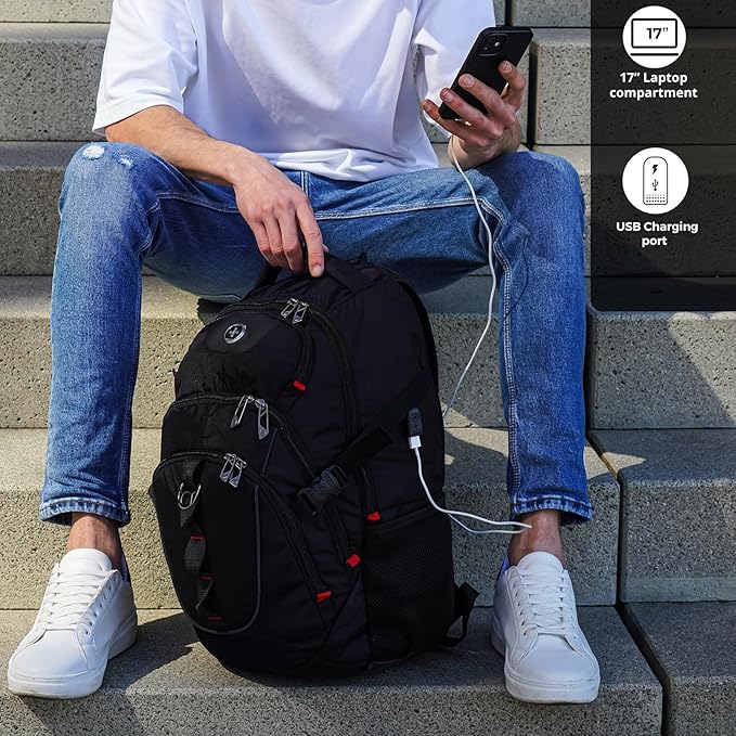 Swissdigital Laptop Backpack with USB Charging Port, Travel Backpack Fits 15.6 inches Computer, 31L Backpack for Men | SD803