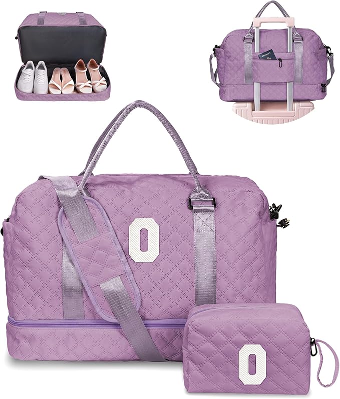 Personalized Gifts-Teen Duffle Bag with Shoe Compartment, Personalized Weekender Bag, Monogram Overnight Bag, Letter Travel Bag with Makeup Bag，Birthday Gift For Grandma (Letter O)