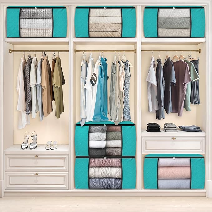Fab totes 24 Gallons Clothes Storage, Foldable Thick Fabric Blanket Storage Bags, Containers for Organizing Bedroom, Closet, Clothing, Comforter, Organization with Handle (6 Pack,Green)