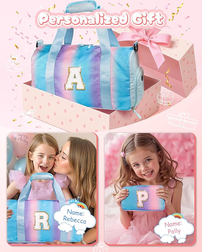 Dance Bag for Girls- Gym Bag with Shoe Compartment, Kid Personalized Weekender Overnight Bags, Initial Travel Tote with Makeup Pouch, Trendy Gift for Girls (Letter R)