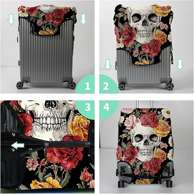 Luggage Cover Plus - Sugar Rose Skull Travel Suitcase Cover for 22-24 inch Luggage (M) with Concealed Zipper, Washable Elastic Cloth, Dustproof, Anti-Scratch