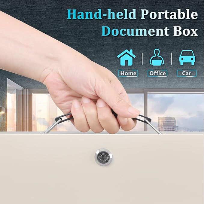 Dalmbox Portable Fire Safe Box with Key Lock, Fire Resistant Metal Lock Box for Documents, Security Strong Storage Box Safety Deposit Box for Home, Outside, Car, XL Large,13.2”x 11”x 5.1'', Beige