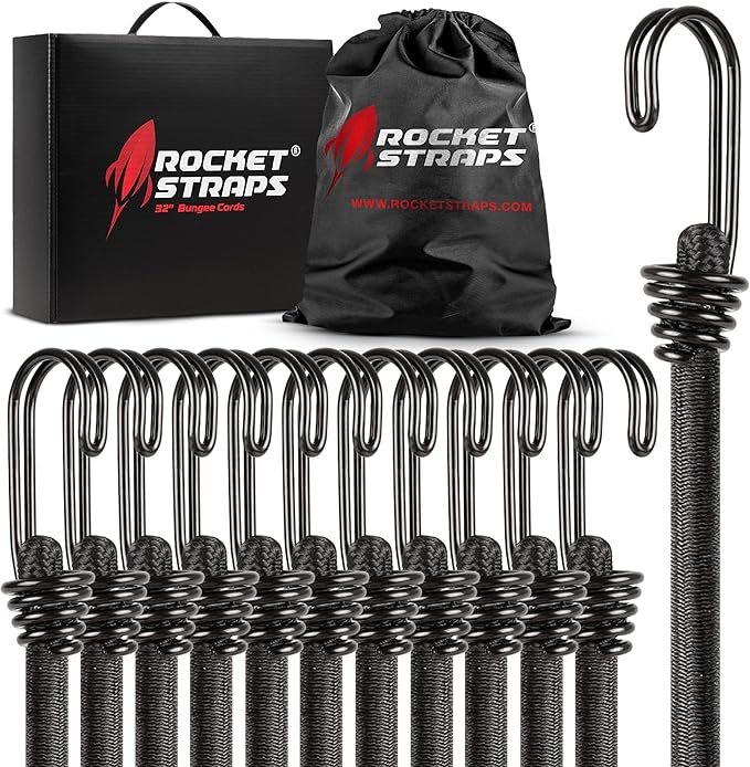 Ultimate Outdoor Bungee Cord Assortment - Heavy Duty Set of 12 Bungee Cords Double-J Hooks - Elastic Straps for Camping, Securing, and DIY and Multipurpose… (48")