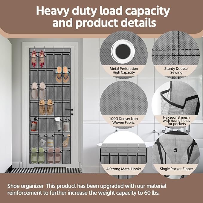 35 Pocket Over the Door Shoe Organizer,Reusable Breathable Large Mesh Bag Men's & Women's Sneaker Organizer,Shoe Organizer for Kids,Hanging Shoe Storage Hanging Bag (2PCS-Gray)