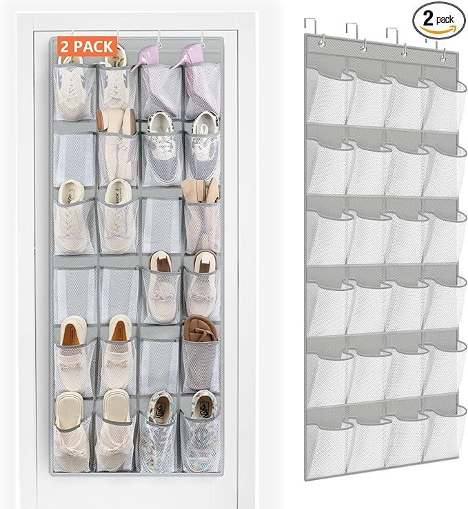 FENTEC 2 Pack Over the Door Shoe Organizer Hanging Shoe Organizer for Closet, Space Saving Mesh Large Pocket Shoe Storage and Organizer with 24 Packets, Shoe Holder for Apartments Garages, Gray