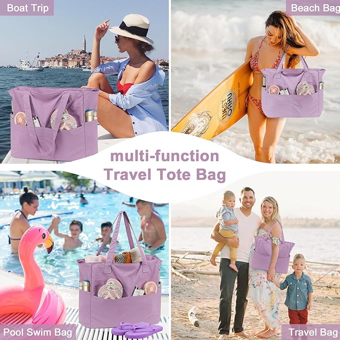 LEDAOU Beach Bag Waterproof Sandproof Women Tote Bag Pool Bag with Zipper for Gym Grocery Travel with Wet Pocket