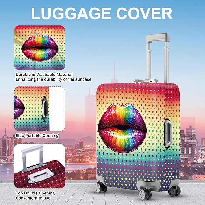 ANNA QUEEN Pop Art Rainbow Lips Luggage Cover, Colorful Suitcase Protector with Bold Lip Design, Stretchable, Washable Travel Cover for 28-30 Inch Luggage, Fun & Fashionable Style