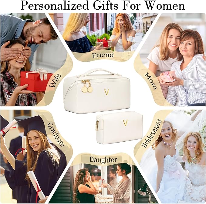 Birthday Gifts for Women Teen Girl, Personalized Initial Makeup Organizer Bag Set, Open Flat Travel Cosmetic Bag With Clear Divider and Handle(Beige,V)