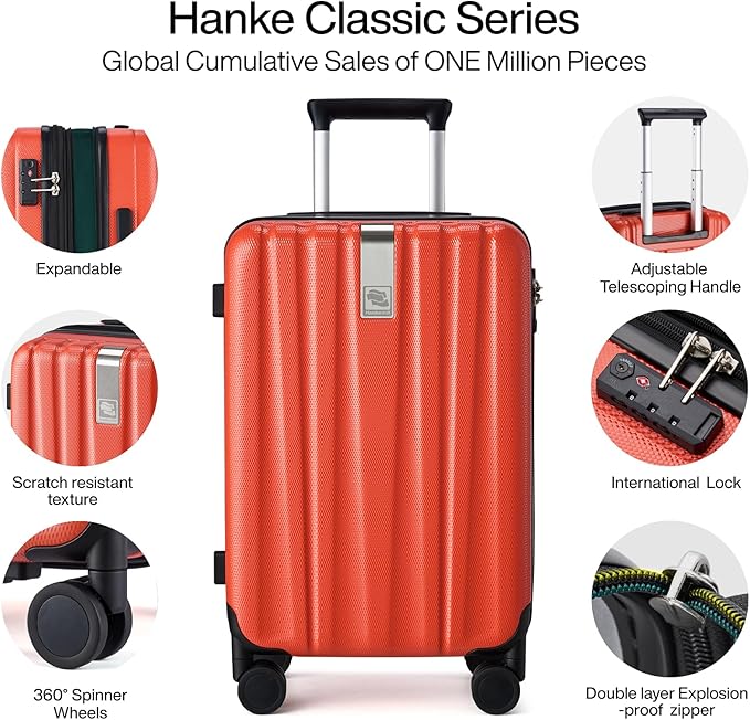 Hanke Expandable Hard Shell Luggage Sets 2 piece Carry on Luggage with Wheels Suitcases Lightweight Checked TSA Luggage Rolling Large Suitcase Travel Luggage Bag Woman Men 20/29 Inch(Orange)