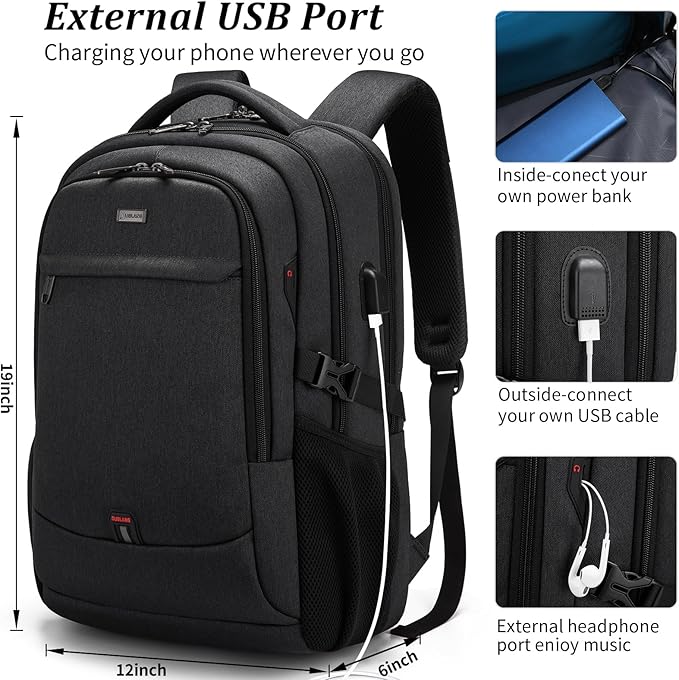 DUSLANG 17 Inch Laptop Backpack for Travel Water Resistant College Backpack for Men/Women Laptop Bag with USB Charging Port and Red TSA lock,Black
